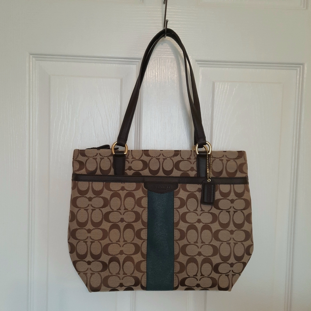 Coach Brown and Tan Signature Shoulder Bag